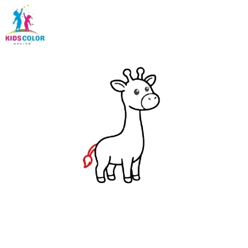 How to draw a giraffe step 11 – draw a thin curved tail with a tuft of hair at the tip, easy drawing for kids