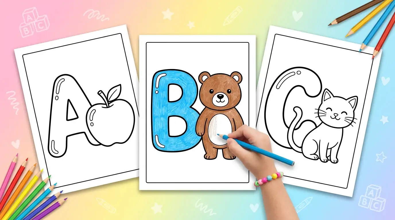Alphabet coloring pages for letters A, B and C, with a child coloring the letter B and a bear in blue and brown