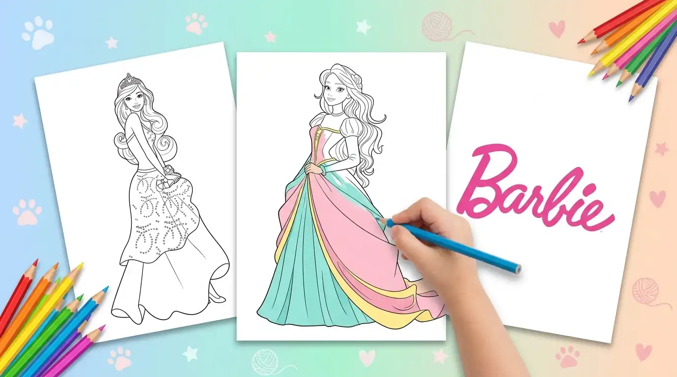 Barbie coloring pages printed on three sheets of paper, with a child coloring the center page next to colored pencils