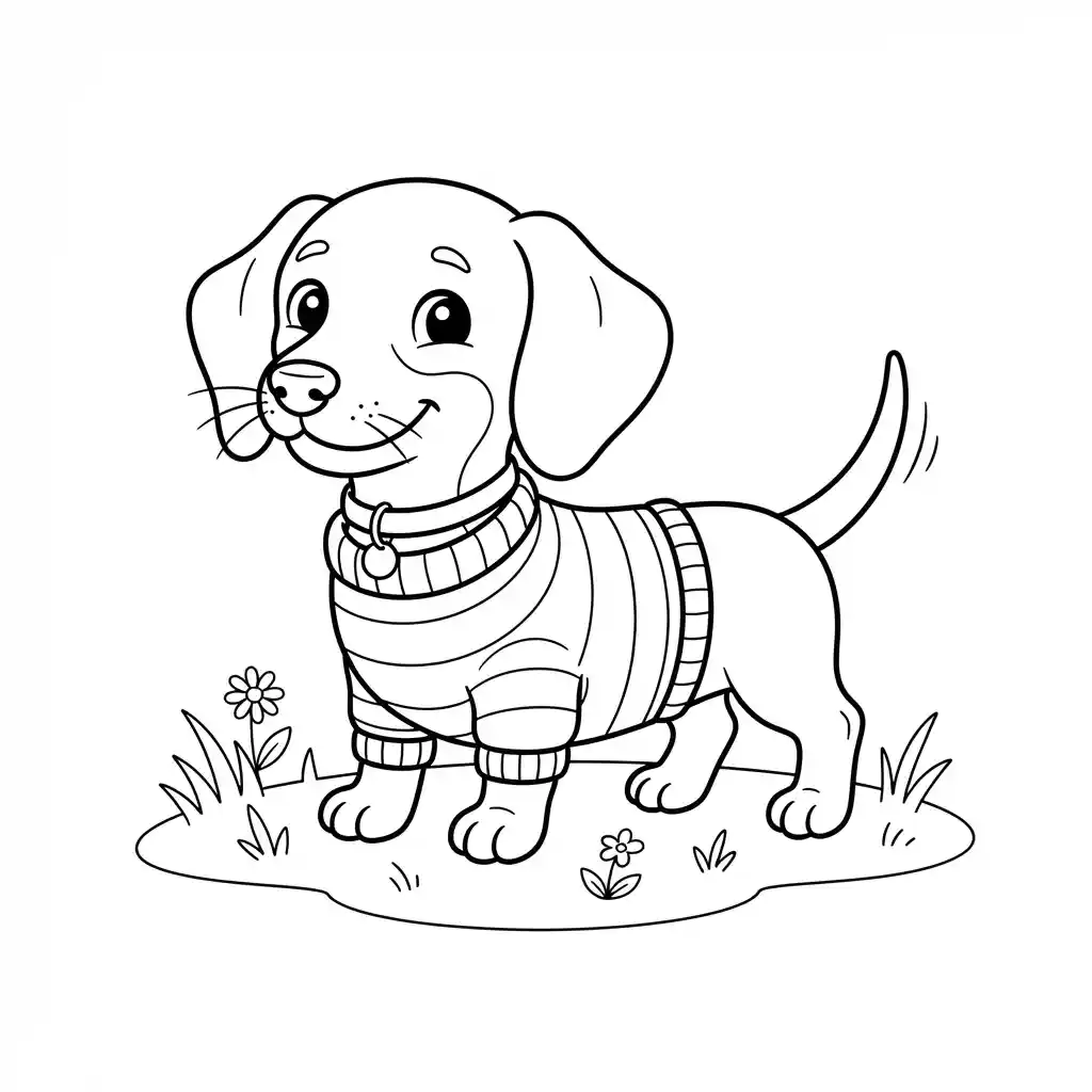 Smiling dachshund wearing a striped knit sweater, standing on grass with small flowers, easy dog coloring page for toddlers