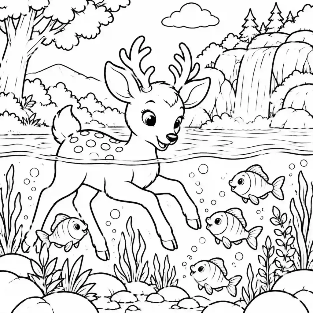 Cute baby deer swimming underwater with fish coloring page