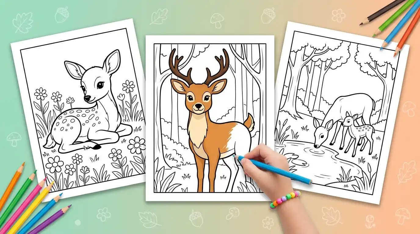 Deer coloring pages on three sheets of paper, with a child coloring a deer with antlers in warm brown shades