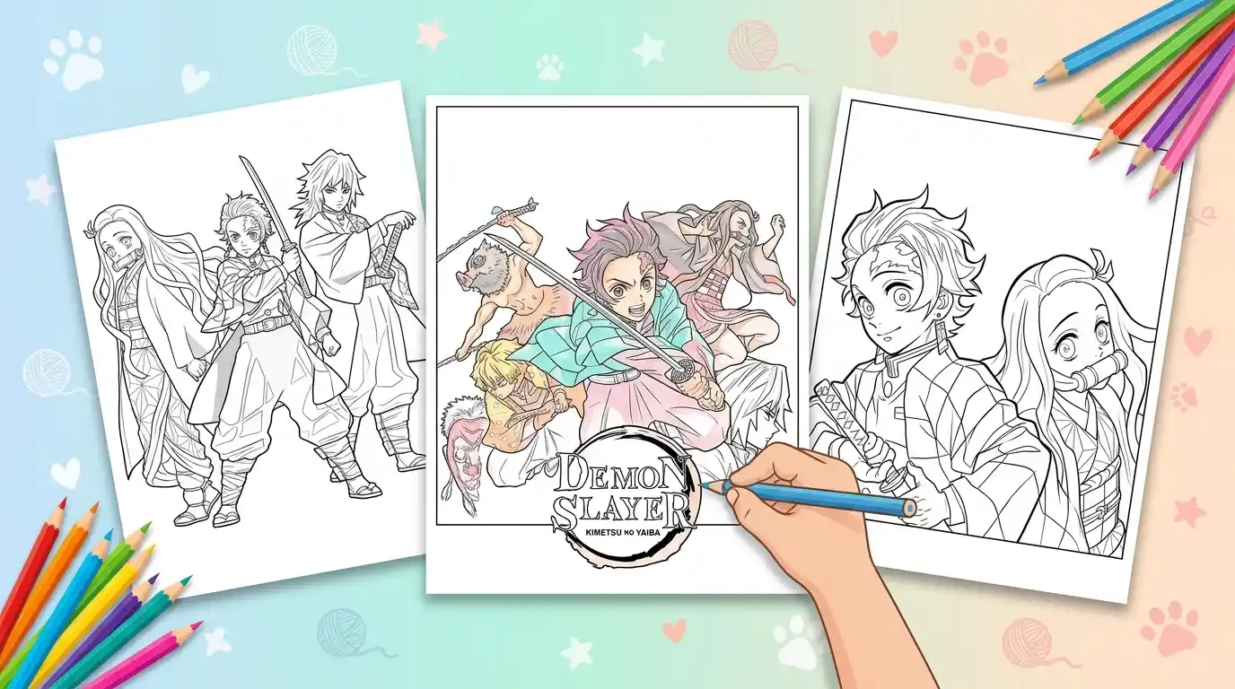 Demon Slayer coloring pages printed on three sheets of paper, with a child coloring the center page next to colored pencils