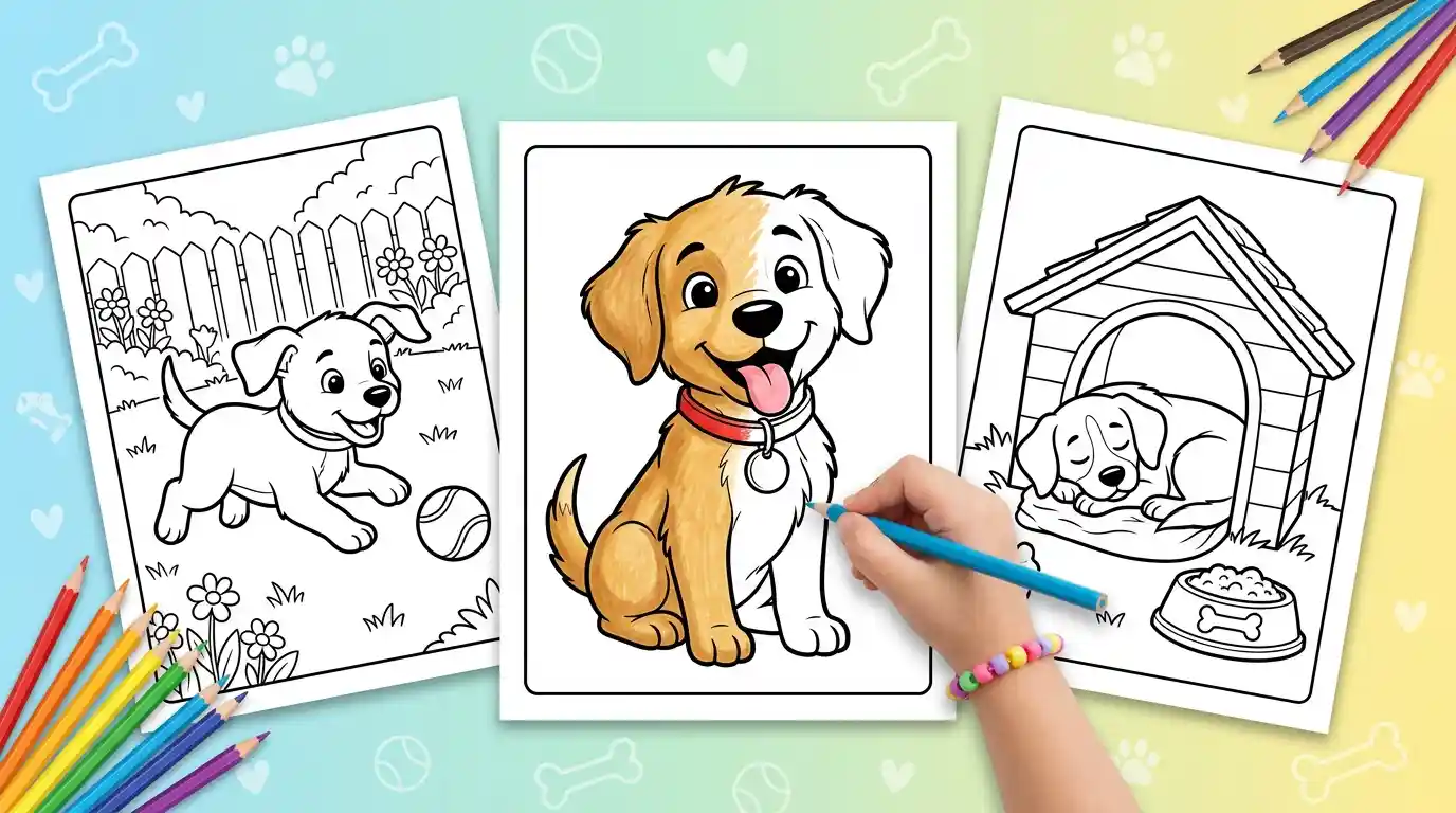 Dog coloring pages on three sheets of paper, with a child coloring a happy puppy in golden brown with a red collar