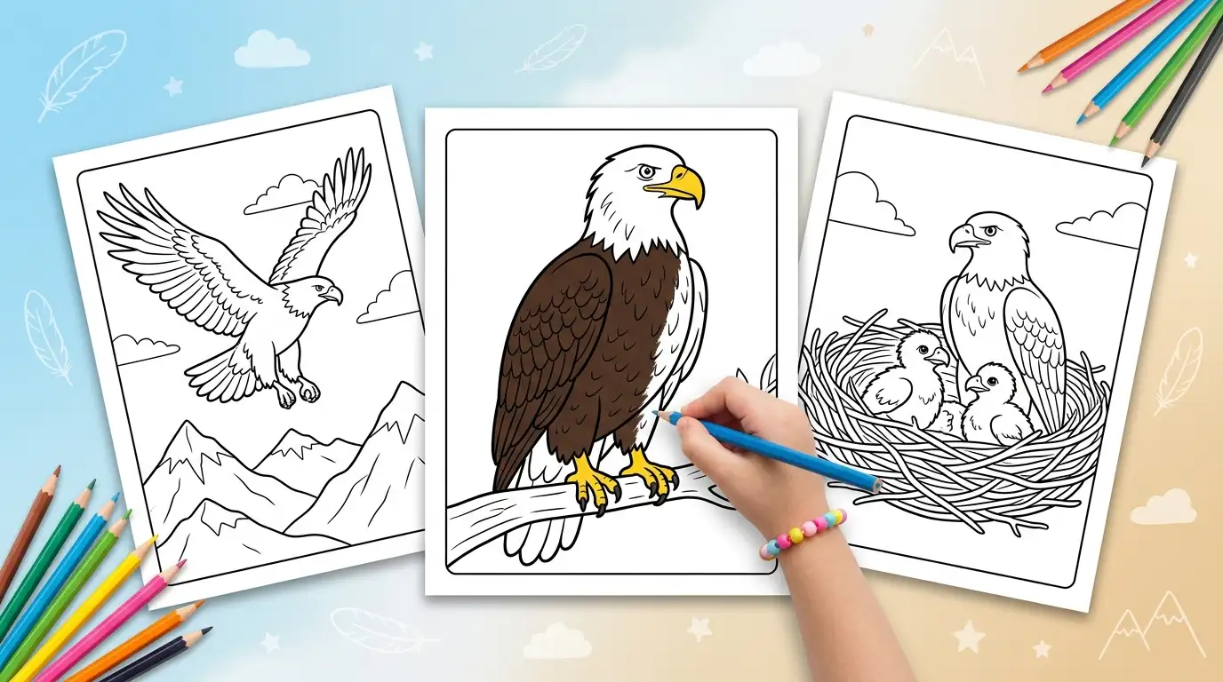 Eagle coloring pages on three sheets of paper, with a child coloring an eagle on a branch in brown and yellow