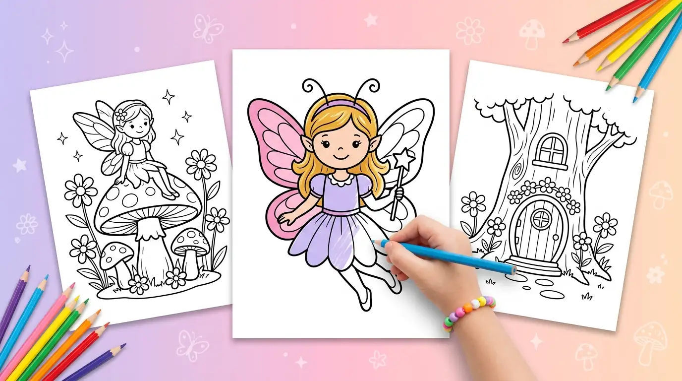 Fairy coloring pages on three sheets of paper, with a child coloring a fairy with wings in lavender, pink and gold