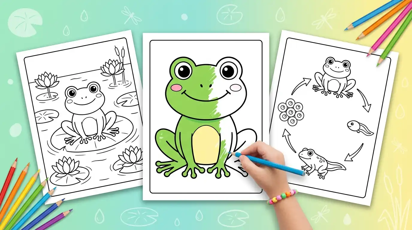 Frog coloring pages on three sheets of paper, with a child coloring a smiling frog in bright green and yellow
