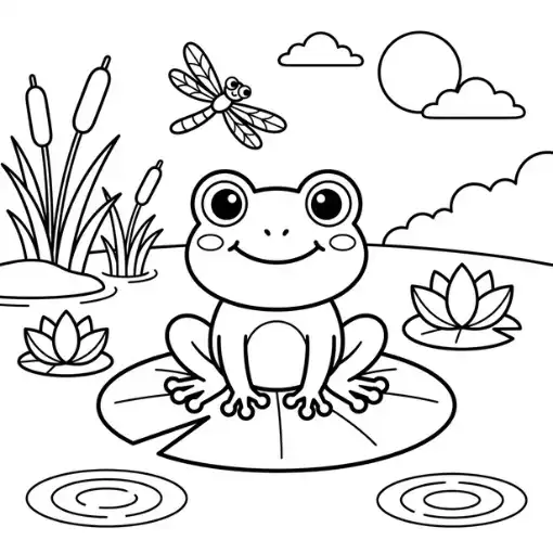 Happy frog sitting on a lily pad with lotus flowers, cattails and a dragonfly, easy pond coloring page for kids