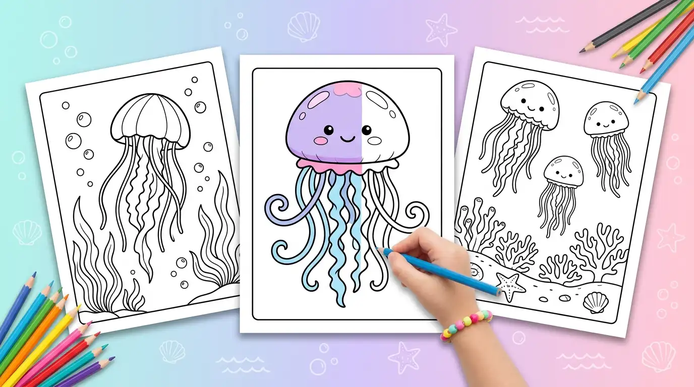 Jellyfish coloring pages on three sheets of paper, with a child coloring a smiling jellyfish in lavender and pink