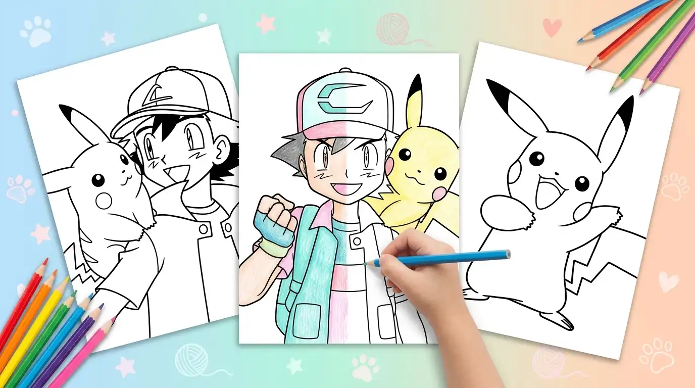 Pikachu coloring pages printed on three sheets of paper, with a child coloring the center page next to colored pencils