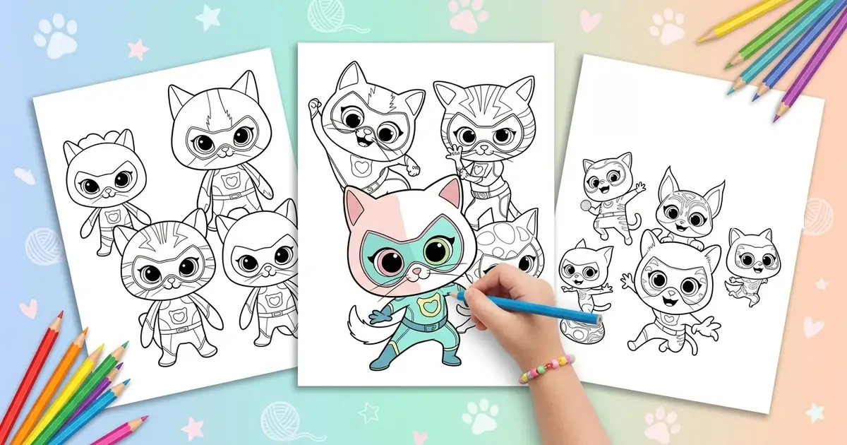 SuperKitties coloring pages on three sheets of paper, with a child coloring a superhero kitty in pink and teal next to colored pencils