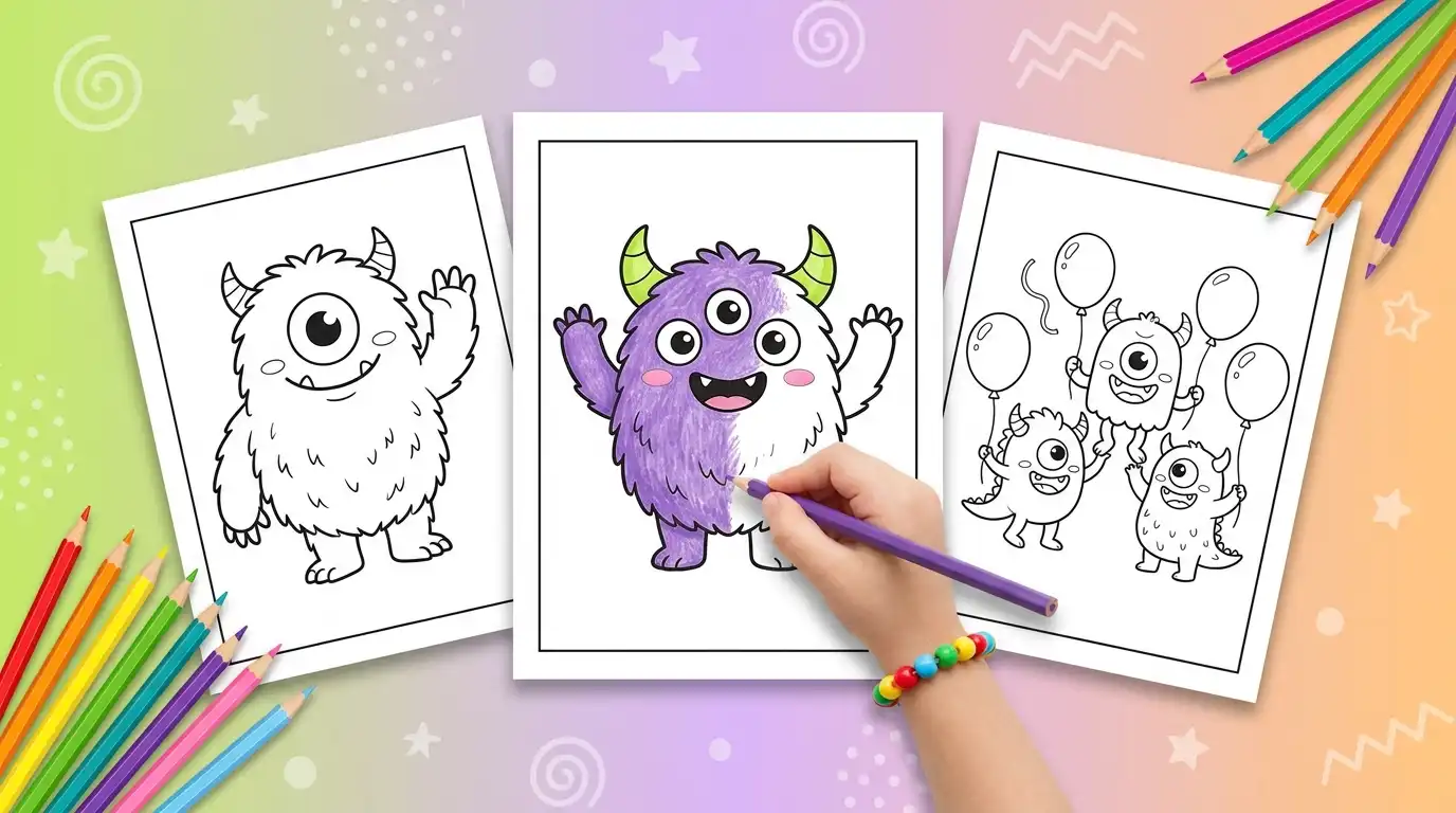Monster coloring pages on three sheets of paper, with a child coloring a cute three-eyed monster in purple and green