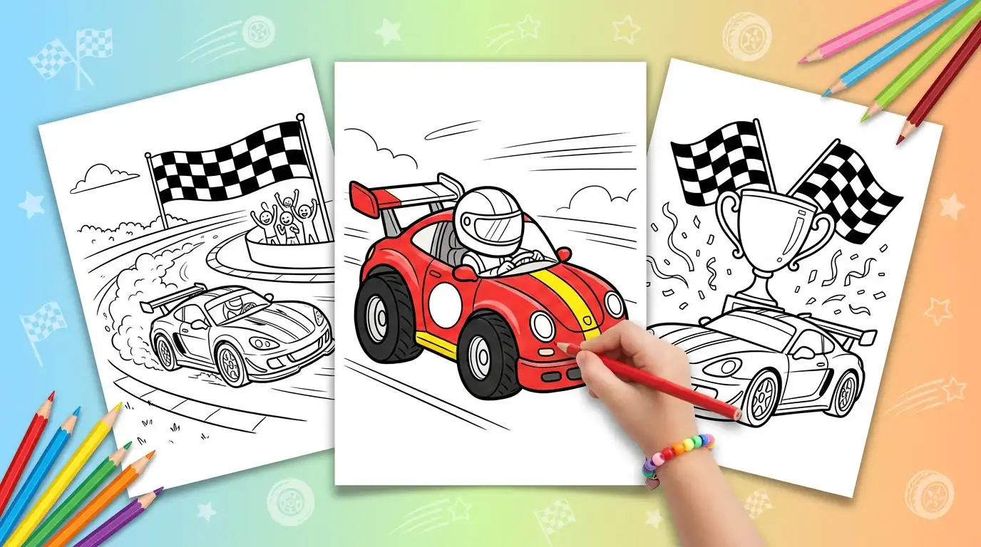 Race car coloring pages on three sheets of paper, with a child coloring a race car in red and yellow