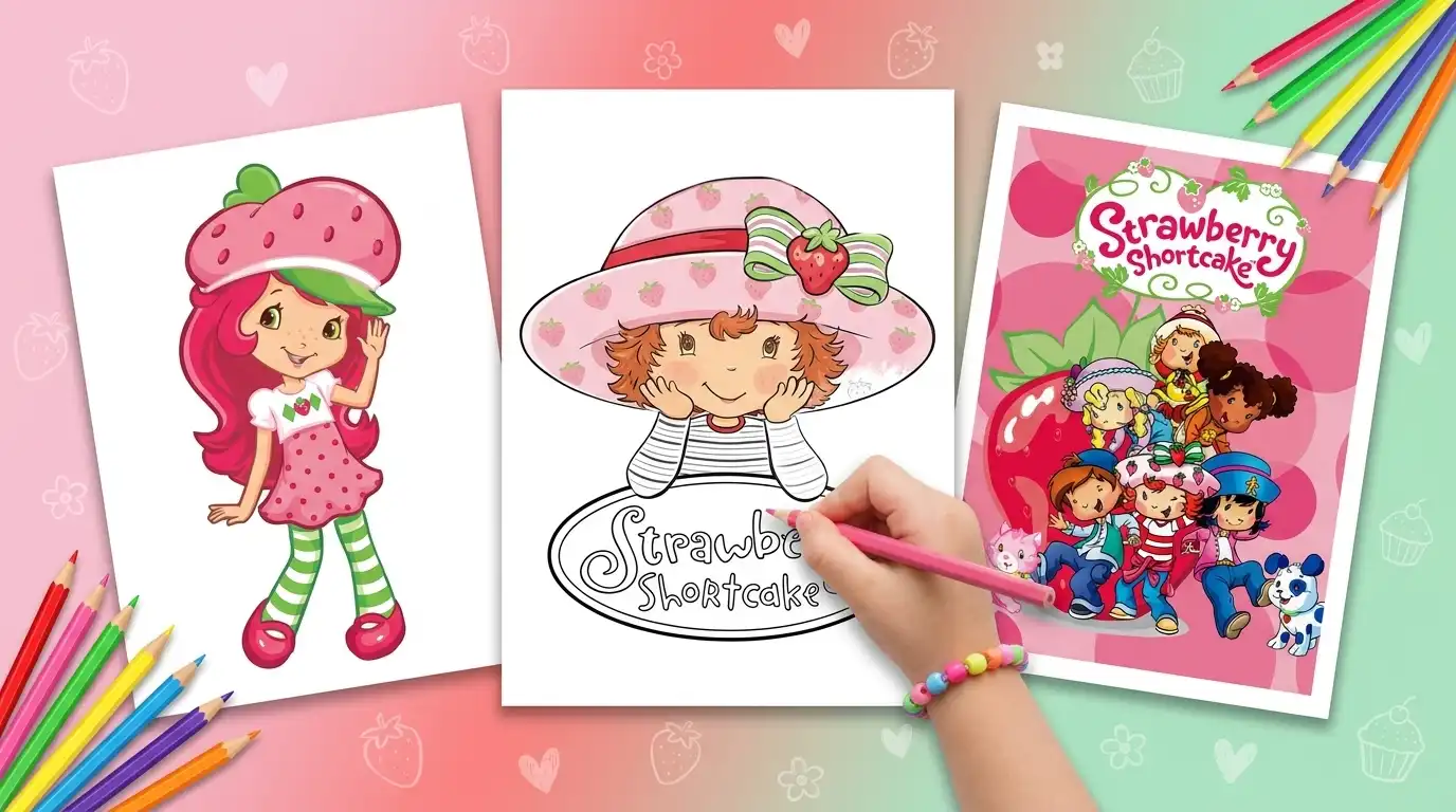Strawberry Shortcake coloring pages printed on three sheets of paper, with a child coloring the center page
