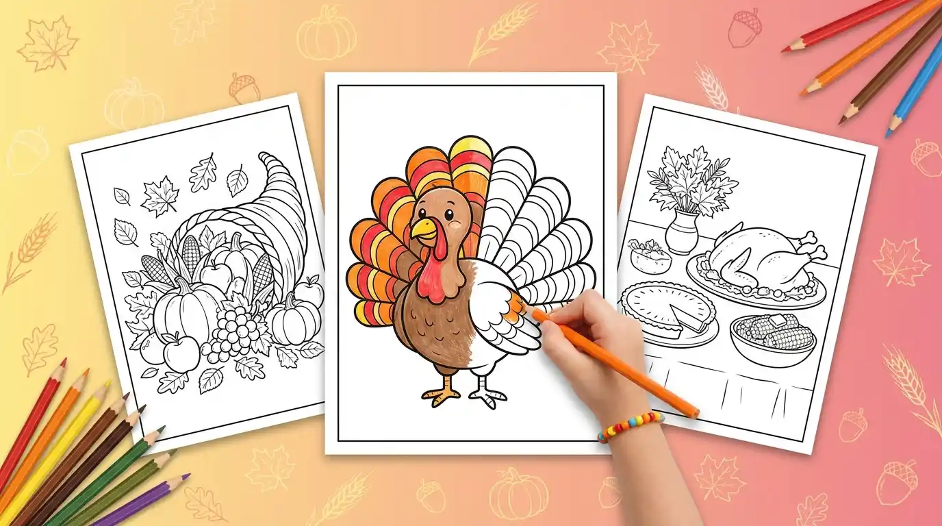 Thanksgiving coloring pages on three sheets of paper, with a child coloring a turkey in orange, red and yellow
