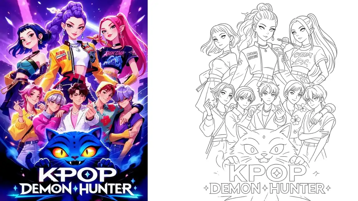 KPOP Demon Hunter coloring page featuring stylish group of K-pop inspired demon hunter characters with magical cat, detailed line art design ready to color