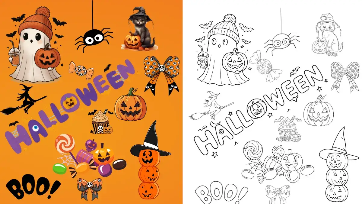 Cute Halloween coloring pages collection featuring a ghost holding a jack-o'-lantern, a witch cat, a spider, a flying witch, candy, a cupcake, and stacked pumpkins in a witch hat, shown in both colored and black-and-white outline versions with "Halloween" and "Boo!" lettering.