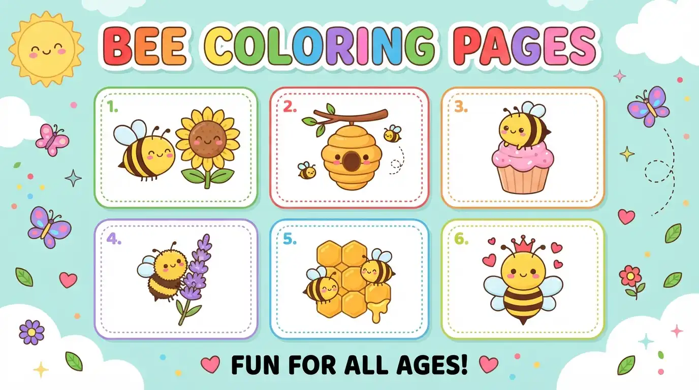 Colourful banner showing six bee coloring page designs including a sunflower bee, beehive and queen bee