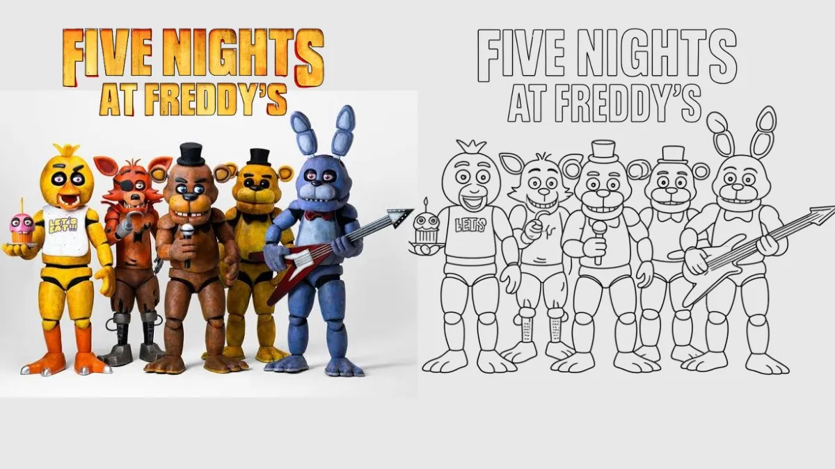 FNAF coloring pages featuring Five Nights at Freddy's characters Chica, Foxy, Freddy, Golden Freddy and Bonnie