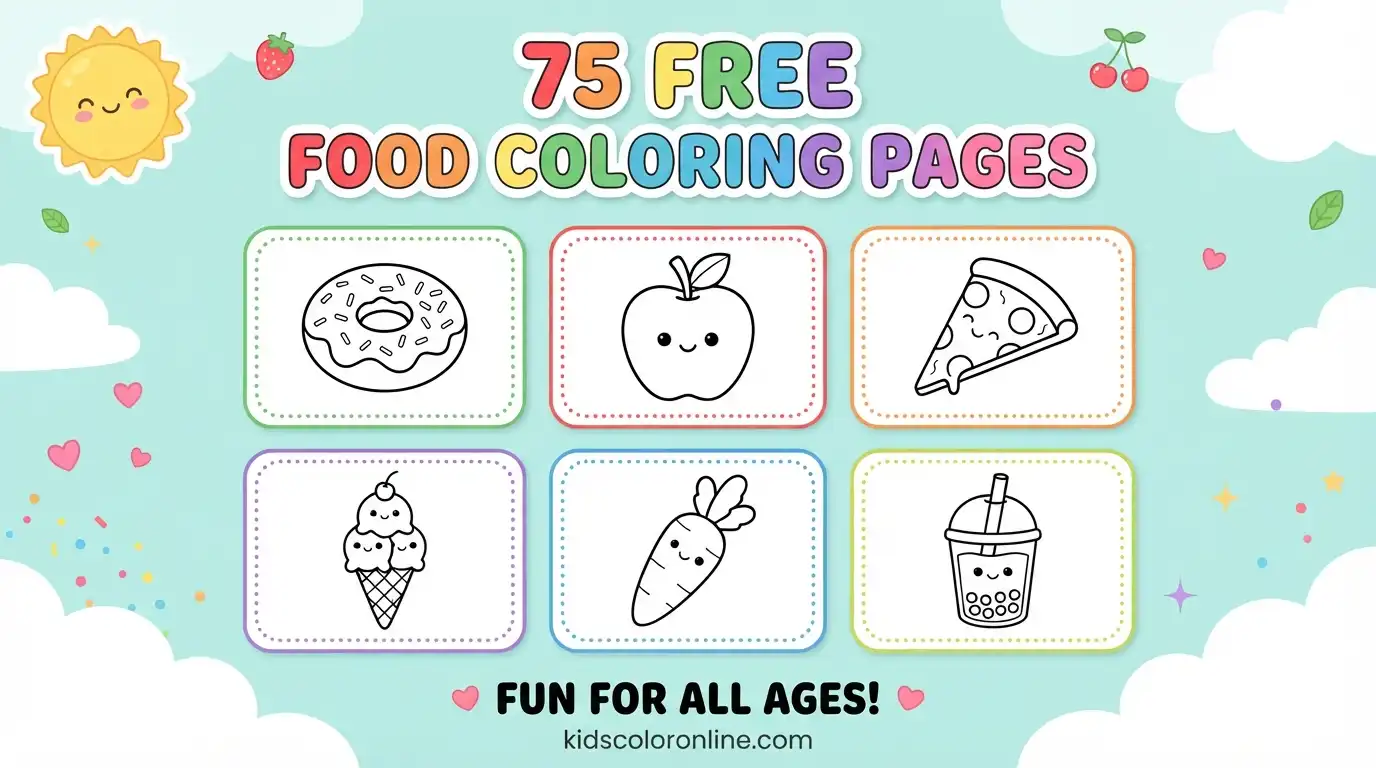 Banner showing six black and white food coloring page designs including a donut, pizza slice and ice cream cone