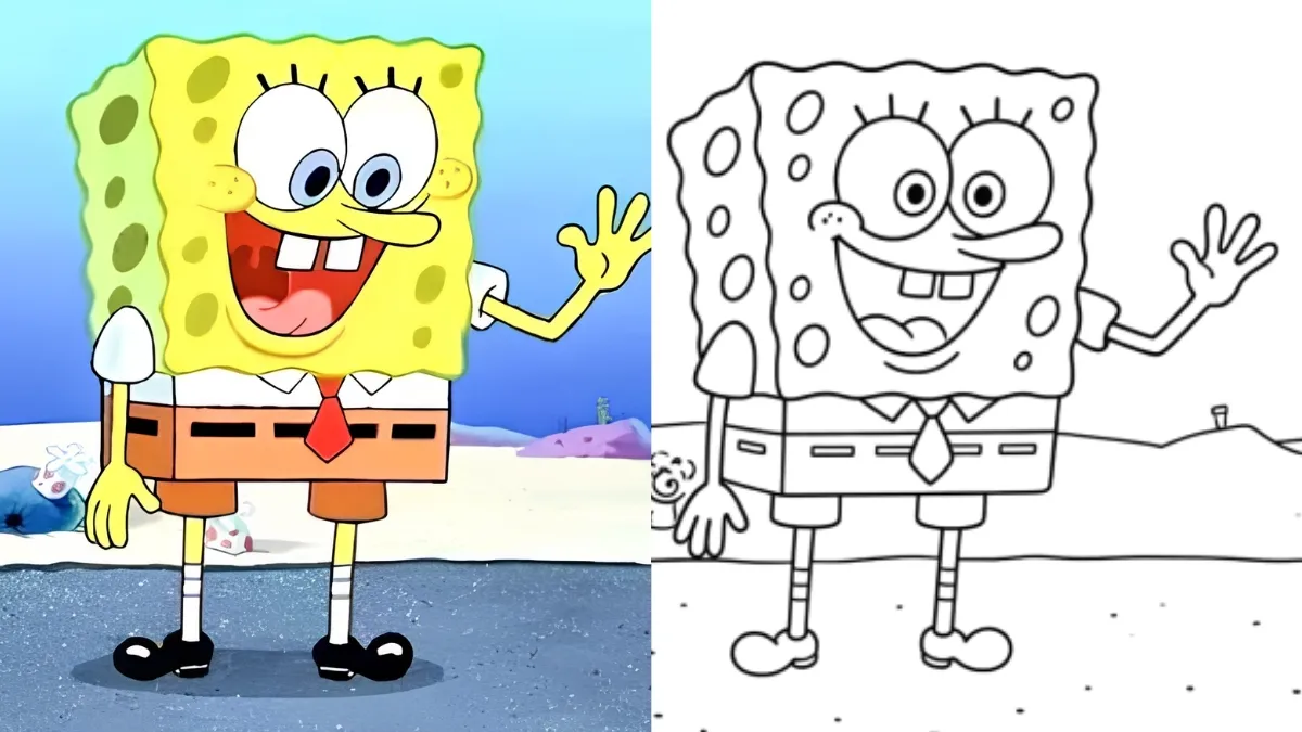 SpongeBob SquarePants shown in full color next to a black and white printable coloring page version