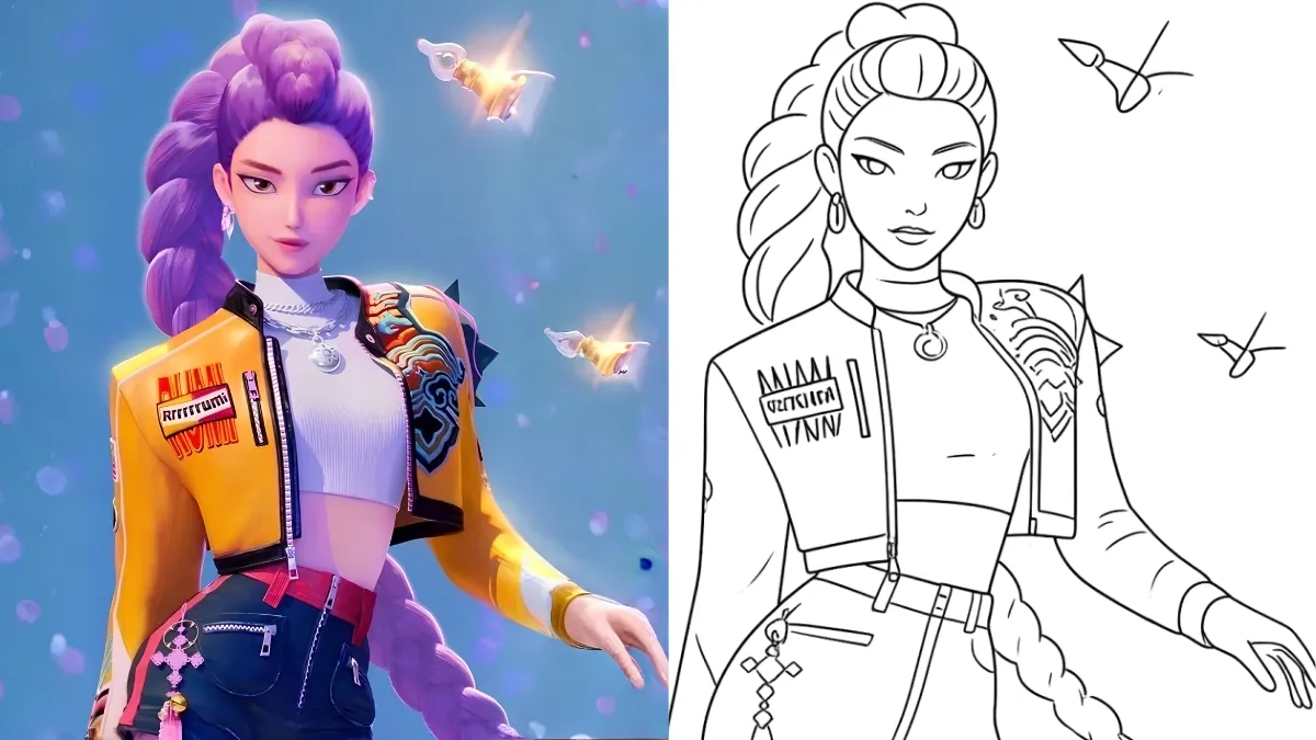 Rumi Coloring Pages featuring the Huntrix leader with her long braid and stage jacket