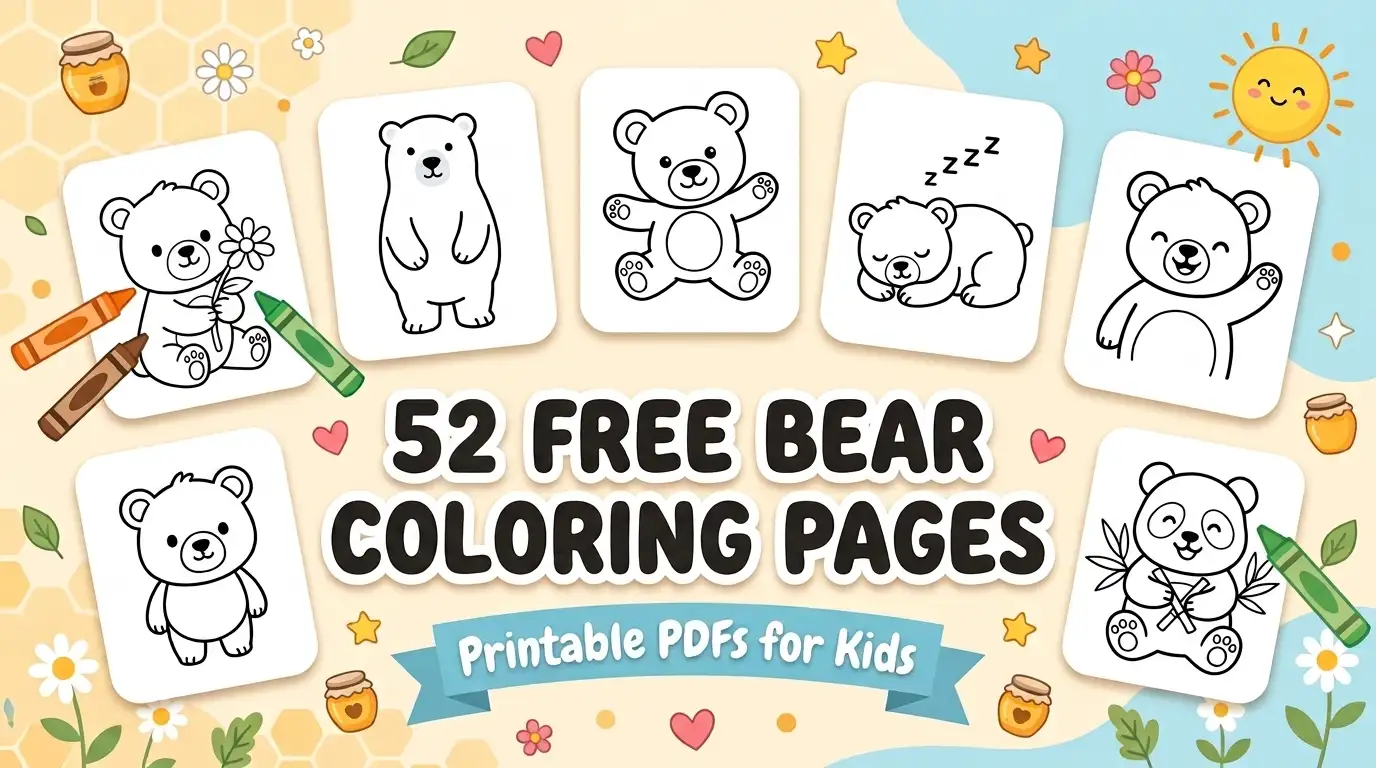 Colourful banner showing six bear coloring page designs including a bear cub with a flower, a polar bear, a teddy bear and a panda